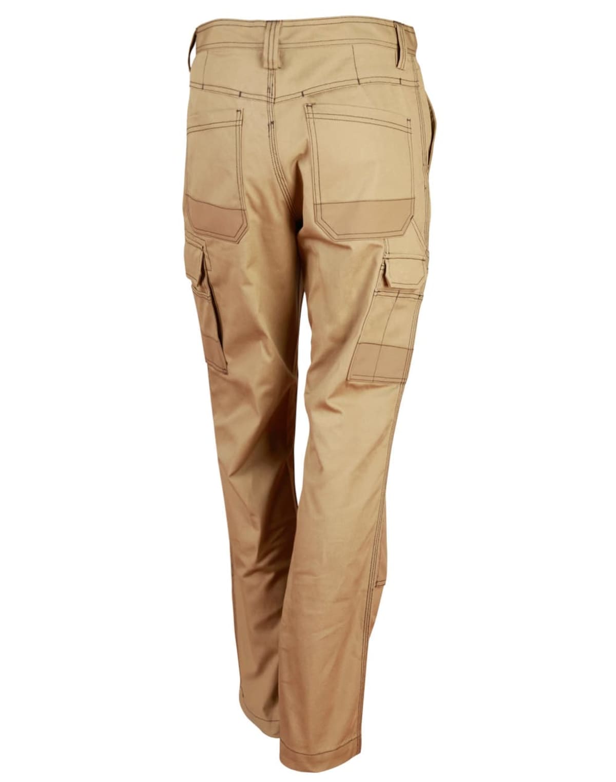 Back view of beige cargo pants featuring multiple pockets, including two large side pockets and two rear pockets. The pants have a straight-leg design and visible stitching details.