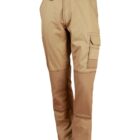 Khaki cargo pants featuring multiple pockets and reinforced knees. The pants have belt loops, a zip, and button closure, designed for durability and utility.