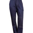 Dark blue cargo pants with multiple pockets, including a side pocket on the right leg. The pants have detailed stitching and belt loops, viewed against a plain white background.