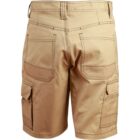 A pair of beige cargo shorts featuring multiple pockets, including large side and back pockets. The shorts have belt loops and display visible stitching details. They are displayed from the back view.