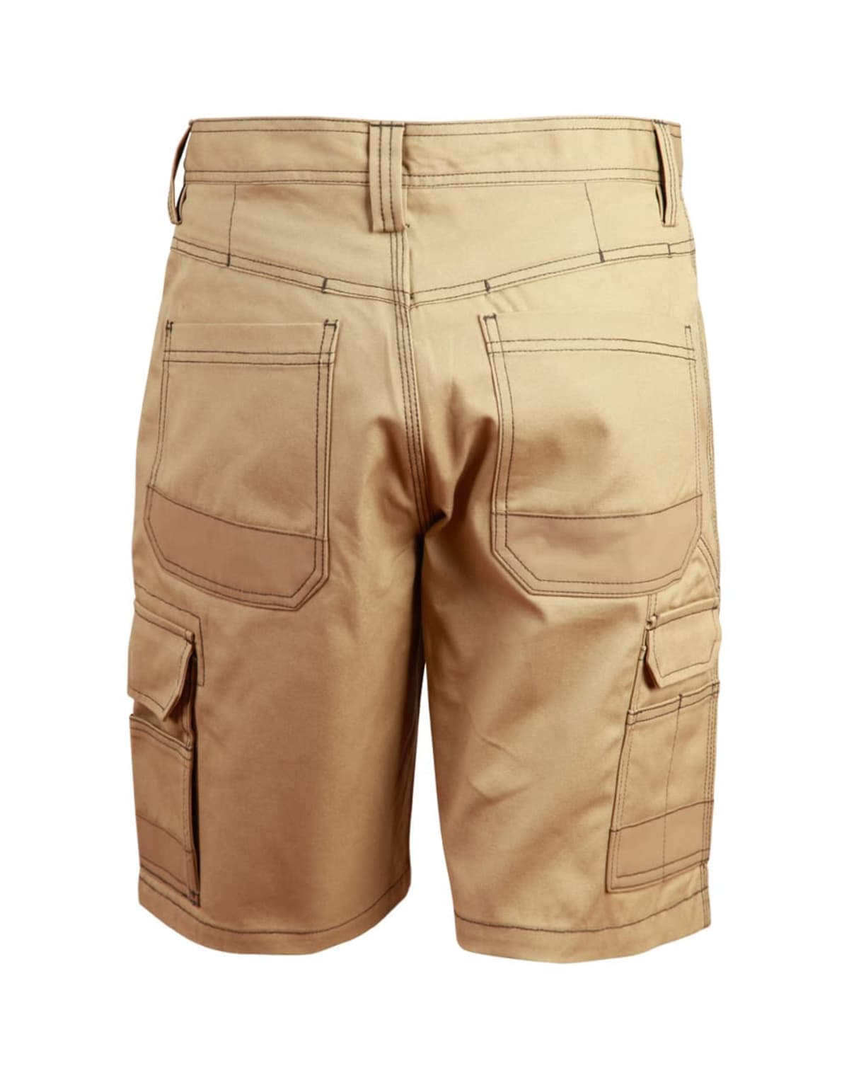 A pair of beige cargo shorts featuring multiple pockets, including large side and back pockets. The shorts have belt loops and display visible stitching details. They are displayed from the back view.