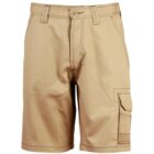 Beige knee-length cargo shorts with belt loops, a button and zipper closure, side pockets, and an additional pocket on the right thigh, set against a plain white background.