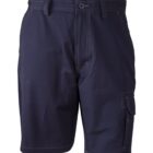 Dark blue cargo shorts with visible stitching and belt loops, featuring a side pocket on the right leg. The shorts are displayed against a plain white background.
