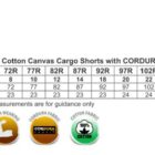 Size chart for WP21 Unisex Cotton Canvas Cargo Shorts with CORDURA, showing modern fit sizes 72R to 112R, corresponding ladies sizes, waist in cm, and inleg length in cm. Icons indicate UV protection, Cordura fabric, and 100% cotton.