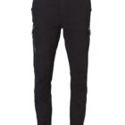 Black cargo pants with elastic cuffs, side pockets, and button closure.