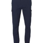 Navy blue cargo pants with a tapered fit and multiple pockets, including two side pockets and two cargo pockets on the thighs. The pants have belt loops and button closure at the waist, with elasticated cuffs at the ankles.