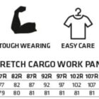 Icon illustrations and a size chart for WP22 mens stretch cargo work pants. Icons denote UV protection, tough wearing, easy care, and cotton stretch fabric. Size chart lists measurements for easy fit, waist, and inleg length from 72R to 12XR.