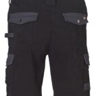 Black cargo shorts shown from the back, featuring multiple pockets with button flaps and a loop on the side. The shorts appear to be knee-length and have a rugged design.