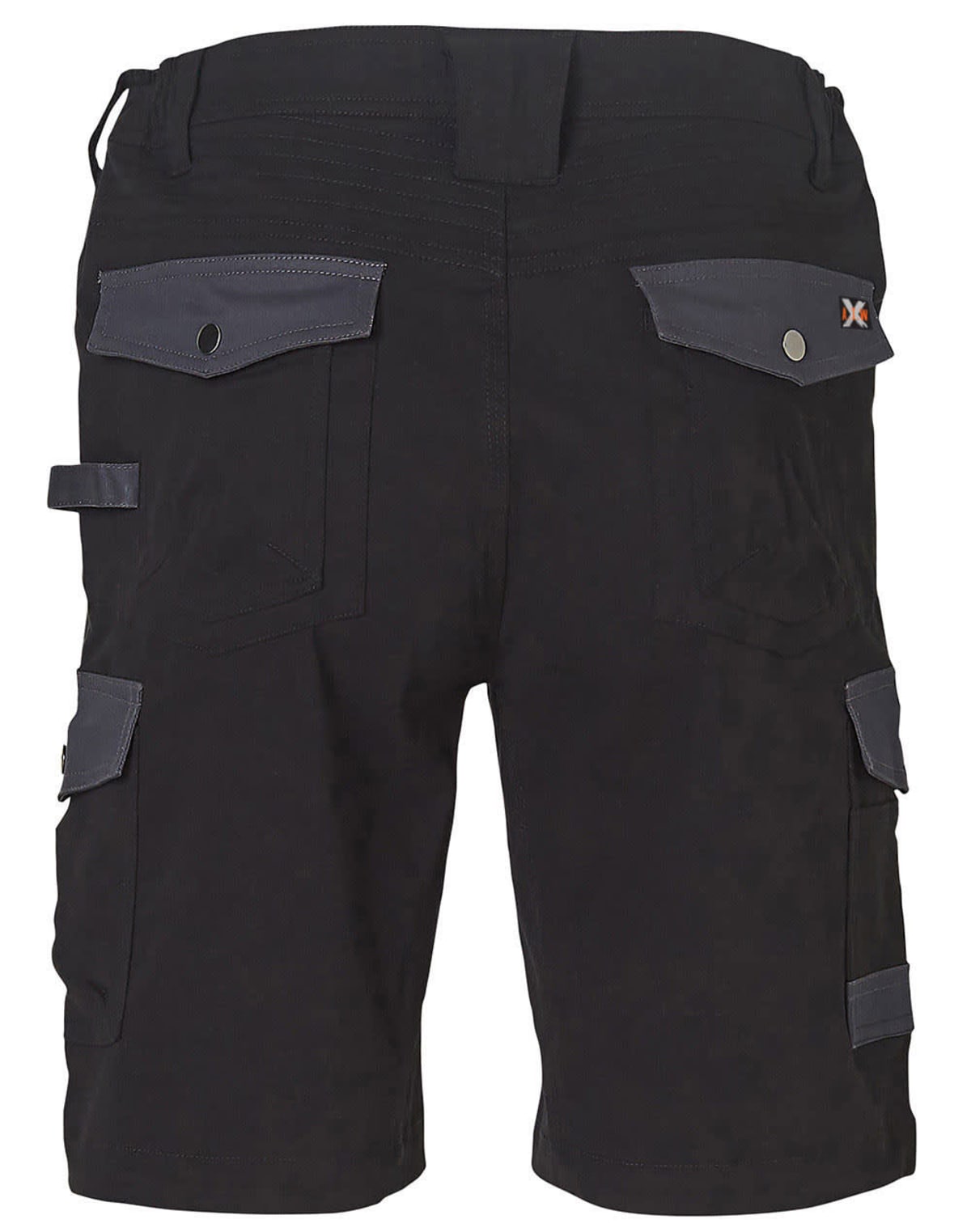 Black cargo shorts shown from the back, featuring multiple pockets with button flaps and a loop on the side. The shorts appear to be knee-length and have a rugged design.