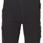 Black cargo shorts with multiple pockets, including two front pockets and side cargo compartments. The shorts have belt loops and a button closure at the waist.