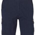 A pair of dark blue cargo shorts with side pockets and belt loops, displayed against a white background.