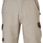 Beige cargo shorts featuring multiple pockets, including side and back pockets with brown accents. The shorts have belt loops and a button closure above the zipper.