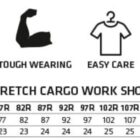 Graphic showing features of mens stretch cargo work shorts: UV protection, tough wearing, easy care, cotton stretch fabric. Sizing chart includes easy fit, waist, and inleg length for sizes 72R to 127R.