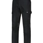 Black outdoor pants with multiple pockets and reinforced knee panels. The pants have a button and zip closure, a small logo on the left pocket, and appear durable, suitable for hiking or work.