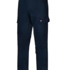 Dark blue cargo pants with multiple pockets, including a side pocket on one leg. The pants have a button and zip closure and are shown from a side angle.