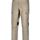 Beige cargo pants with black waistband and black knee accents. Features multiple pockets, including cargo and zipper pockets, belt loops, and front button closure.