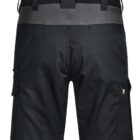 Black and gray multi-pocket utility shorts viewed from the back, featuring belt loops and a small embroidered logo on the left pocket.