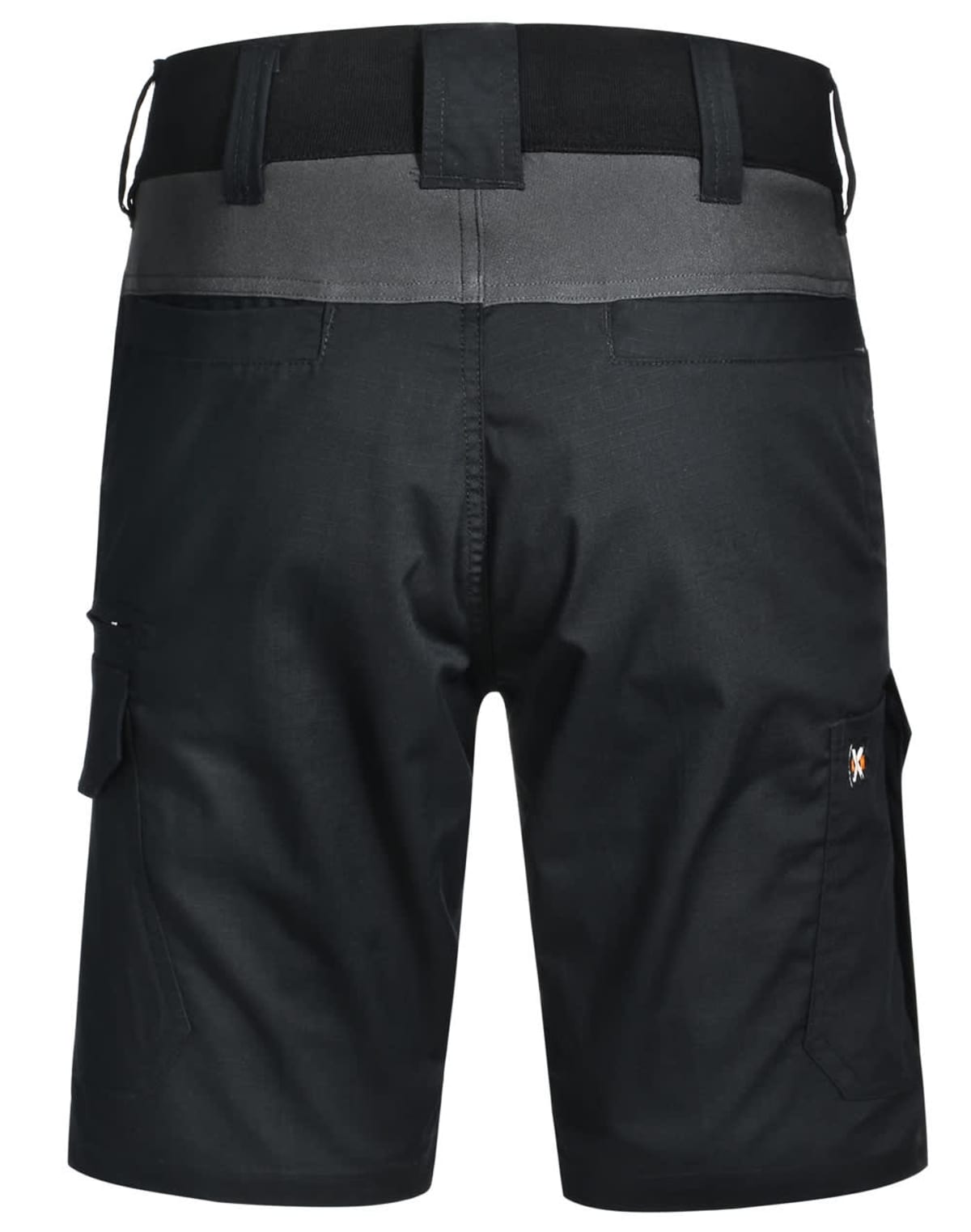 Black and gray multi-pocket utility shorts viewed from the back, featuring belt loops and a small embroidered logo on the left pocket.