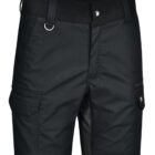 Black outdoor shorts with a front zipper, button closure, belt loops, and multiple pockets, including two large flapped side pockets. The shorts have a small embroidered logo on one pocket.