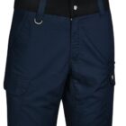 A pair of navy blue cargo shorts with multiple pockets, belt loops, and a button closure at the waist. The shorts feature a small logo on one pocket and are designed for casual or outdoor wear.