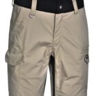 A pair of beige cargo shorts featuring a black waistband, multiple pockets including a side cargo pocket with flap, and a small metal ring near the front pocket. The material appears durable, suitable for outdoor activities.