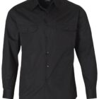 Black long-sleeve button-up shirt with two front chest pockets.