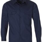 Navy blue long-sleeve button-up shirt with two chest pockets.