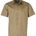 A khaki short-sleeve button-up shirt with two chest pockets, button flaps, and a collar.