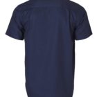 Back view of a navy blue short-sleeve shirt on a white background, showing its straight hem and simple collar design.