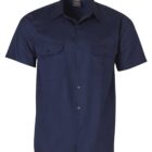A navy blue short-sleeve button-up shirt with two chest pockets.