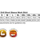 Size chart for a cotton drill short sleeve work shirt, showing sizes S to 7XL. Includes half chest and body length measurements, along with icons indicating 100% cotton fabric, tough wearing, and UV protection.