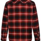 A long-sleeved flannel shirt with a red, black, and white plaid pattern is shown from the back. The shirt features buttoned cuffs and a classic collar.