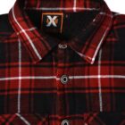 Close-up of a red and black plaid flannel shirt with two chest pockets and metal buttons. The collar is turned down, and a black label with white and orange text is visible inside the collar.