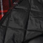 Close-up of a black quilted fabric with a red and black plaid edge, featuring white accents. The materials and stitching are visible, suggesting warmth and style.