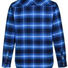 A long-sleeved blue plaid shirt featuring various shades of blue and white stripes. The shirt has buttoned cuffs and a back yoke, displayed against a plain white background.