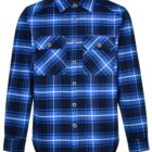 A blue and black plaid button-up shirt with long sleeves and two chest pockets, displayed against a white background.