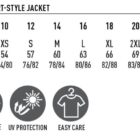 Sizing chart for a unisex quilted shirt-style jacket. Sizes range from XS (10) to 7XL (26/28) with chest and body length measurements. Features include wind and cold proof, UV protection, insulation, and easy care.