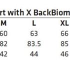 Size chart for a white safety shirt with X Back Biomotion Tape. Sizes range from XS to 7XL, detailing measurements for Easy Fit, Half Chest, Body Length, and Collar in centimeters.