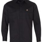 A black button-up shirt with long sleeves and two chest pockets. The shirt features a small logo on the left pocket.