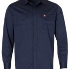A navy blue long-sleeve button-up shirt with two chest pockets, each featuring a flap and button closure. The shirt has a logo patch above the left chest pocket.