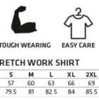 Icons representing UV protection, tough wearing, easy care, and cotton stretch fabric. Below, a size chart for WT10 Mens Stretch Work Shirt lists sizes XS to 7XL with half chest and body length measurements.