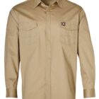 A tan long-sleeve button-up shirt with two chest pockets and a small black and orange logo on the left chest pocket. The shirt is displayed against a white background.