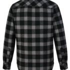 Back view of a long-sleeved, black and gray checkered shirt. The shirt features a classic collar and buttoned cuffs.