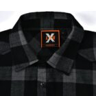 A black and gray plaid shirt is displayed, showcasing its collar, button, and an orange tag reading S and A/W inside. The shirt features a monochromatic checkered pattern.