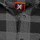 Close-up of a black and gray plaid flannel shirt with black buttons. The shirts label, partially visible, is black with an orange border and features the letters A X W. The shirts fabric has a classic checkered pattern.