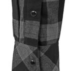 Close-up of a gray and black plaid shirt sleeve, with two black buttons on the cuff. The fabric texture is visible, and the design features a classic checkered pattern.