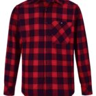 Red and black plaid long-sleeve shirt with a button-down front and a single chest pocket.