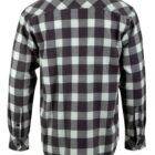 Rear view of a long-sleeved, black and white checkered flannel shirt. The pattern features large squares arranged in a grid, and the shirt has buttoned cuffs.