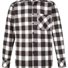 A black and white checkered long-sleeve shirt with a single chest pocket and black buttons down the front.