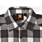 Close-up of a black and white checkered button-up shirt with a collar. A label with A/W is visible inside the collar.